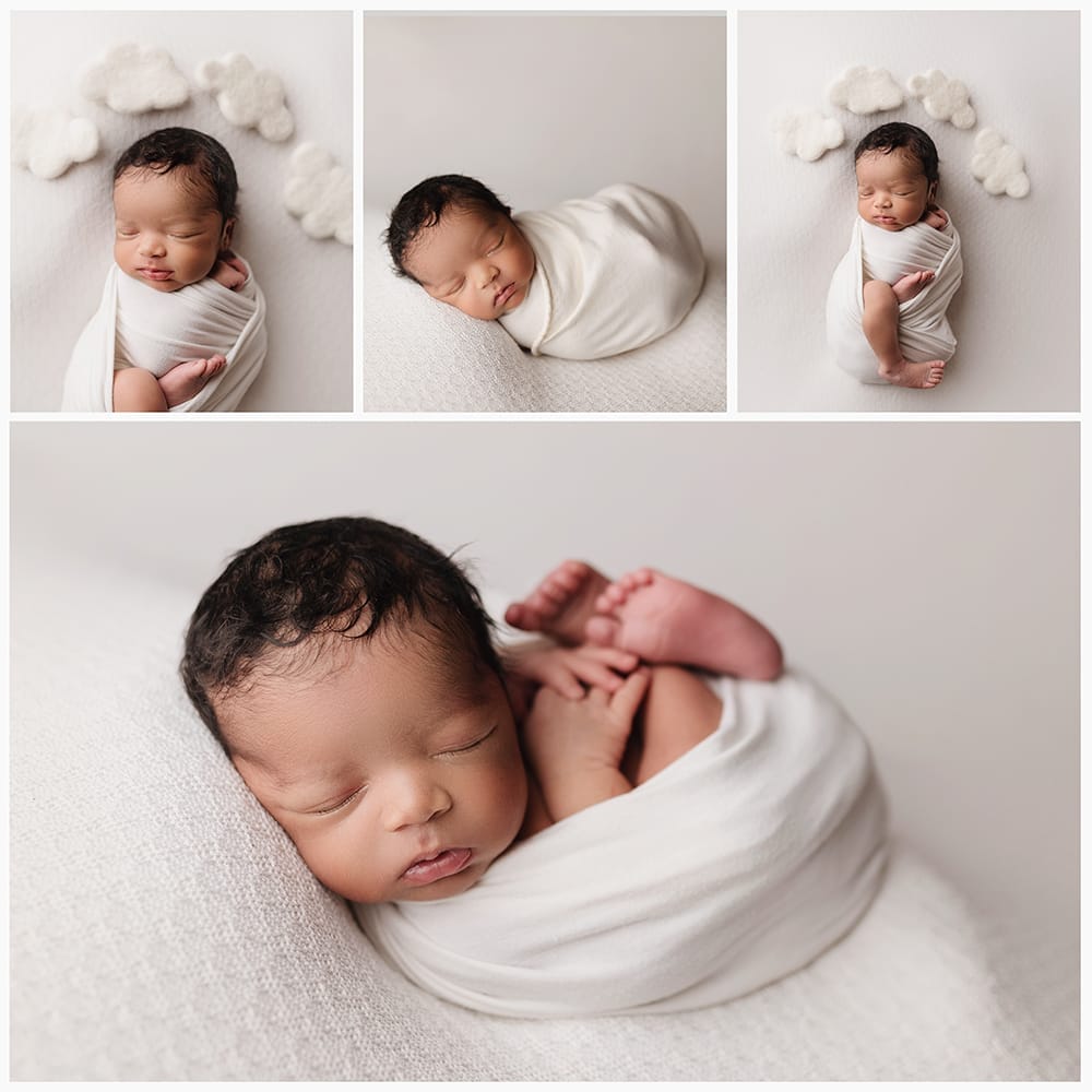 A collage of photos of a newborn baby boy on a cream backdrop swaddled with top Baton Rouge pediatricians.
