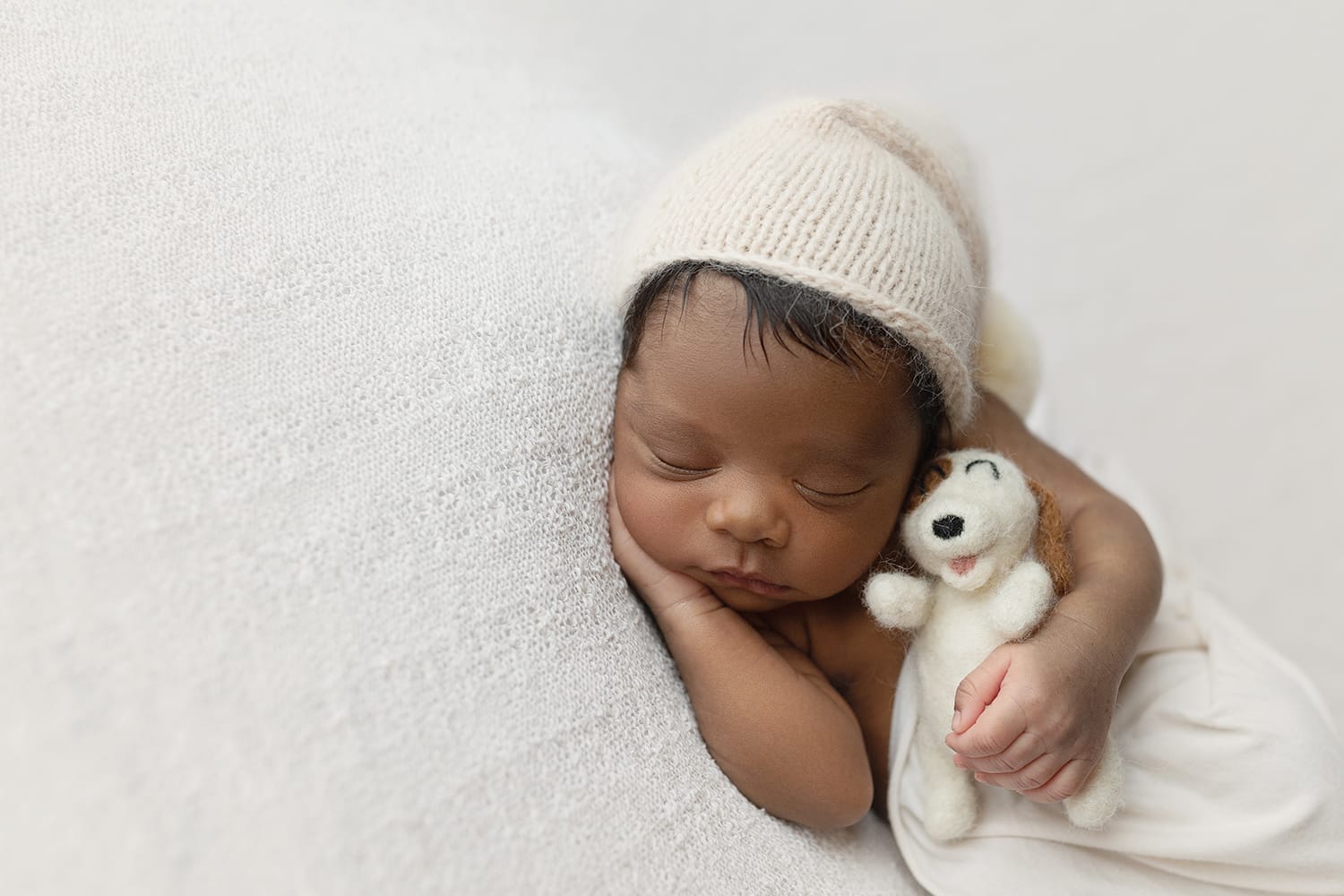 A photo of a baby boy laying on the cream backdrop with a sleepy hand hugging a top puppy with a New Orleans newborn photographer.