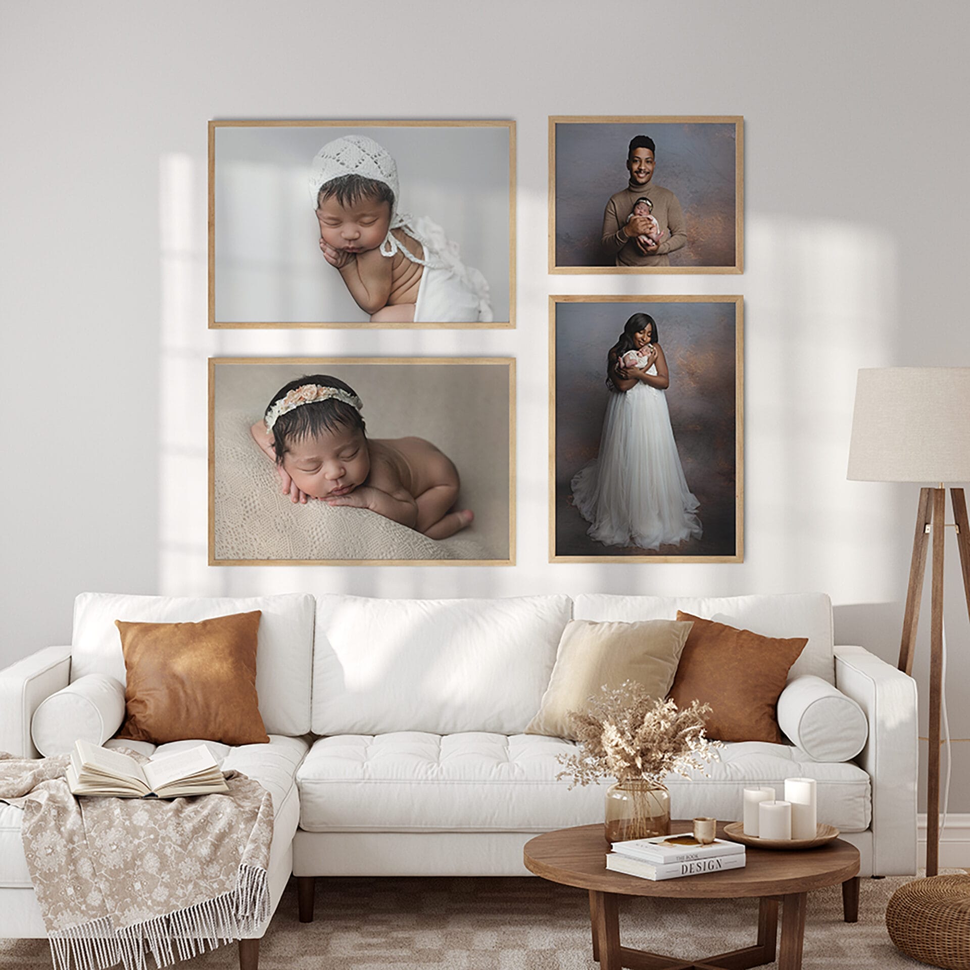 A wall art of a newborn baby girl and her mom and dad in a modern living room.