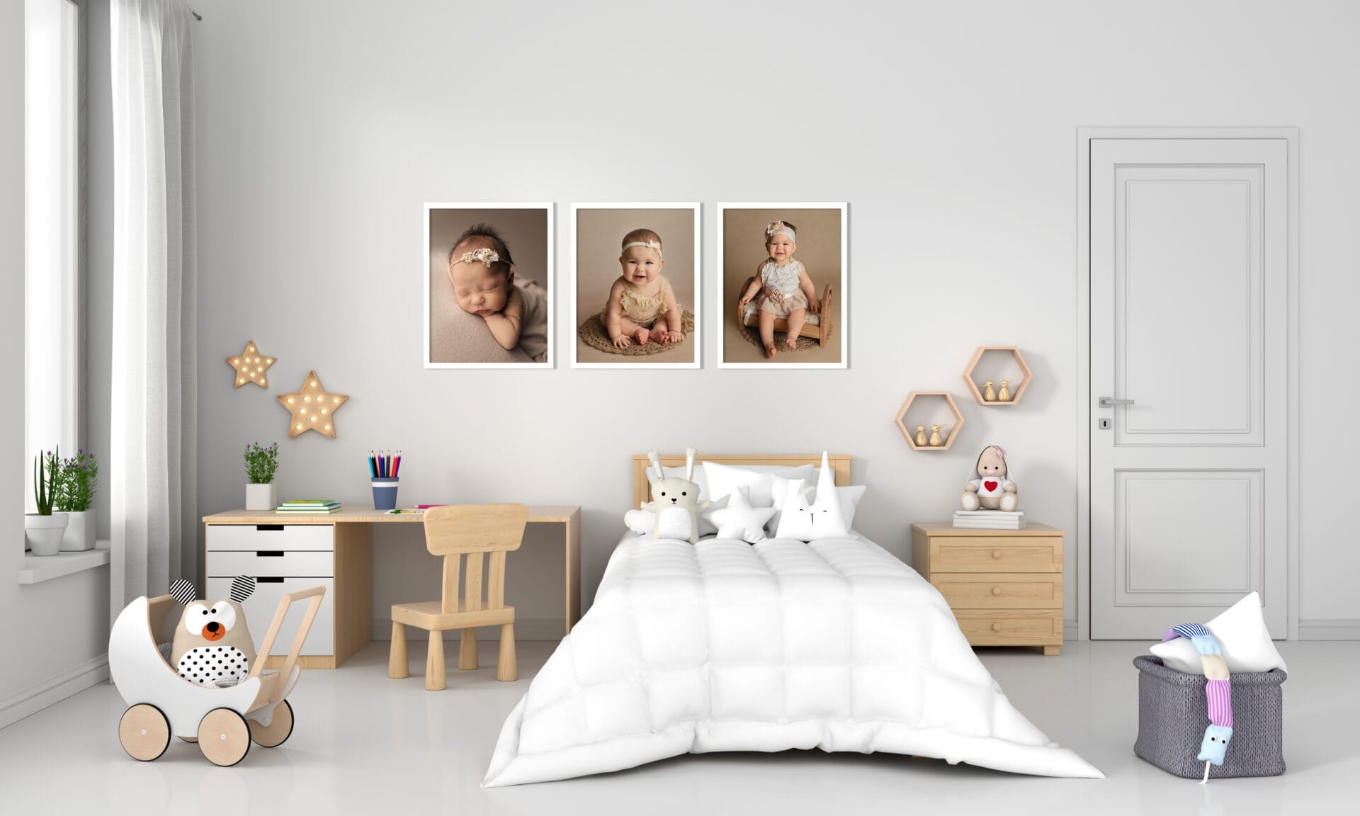 A child's room with wall art of their first-year photos from their photo sessions in Morgan City, Louisiana.